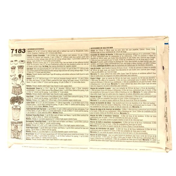 Simplicity Pattern 7183 Bath Curtain Valance Sink Skirt Hamper Tissue Basket - Picture 4 of 5